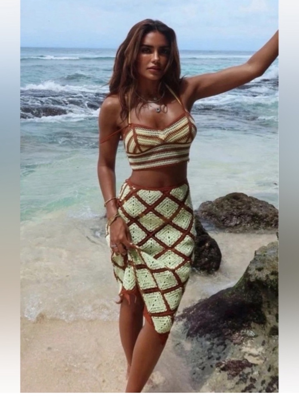 ZARA CROCHET SKIRT SET , COORD SET, green brown - Picture 2 of 15